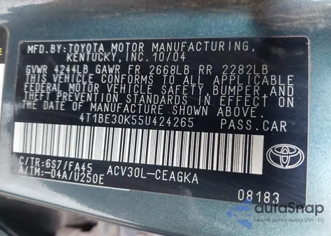 2005 Toyota Camry Xle из США, поврежденный, VIN 4T1BE30K55U424265